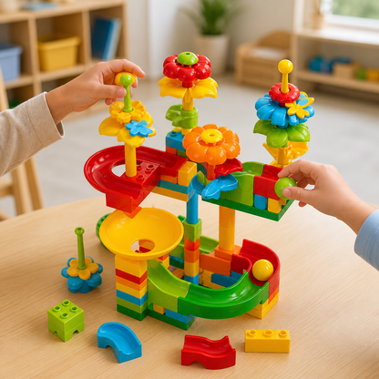 Niños construyendo pista de bolitas colorida