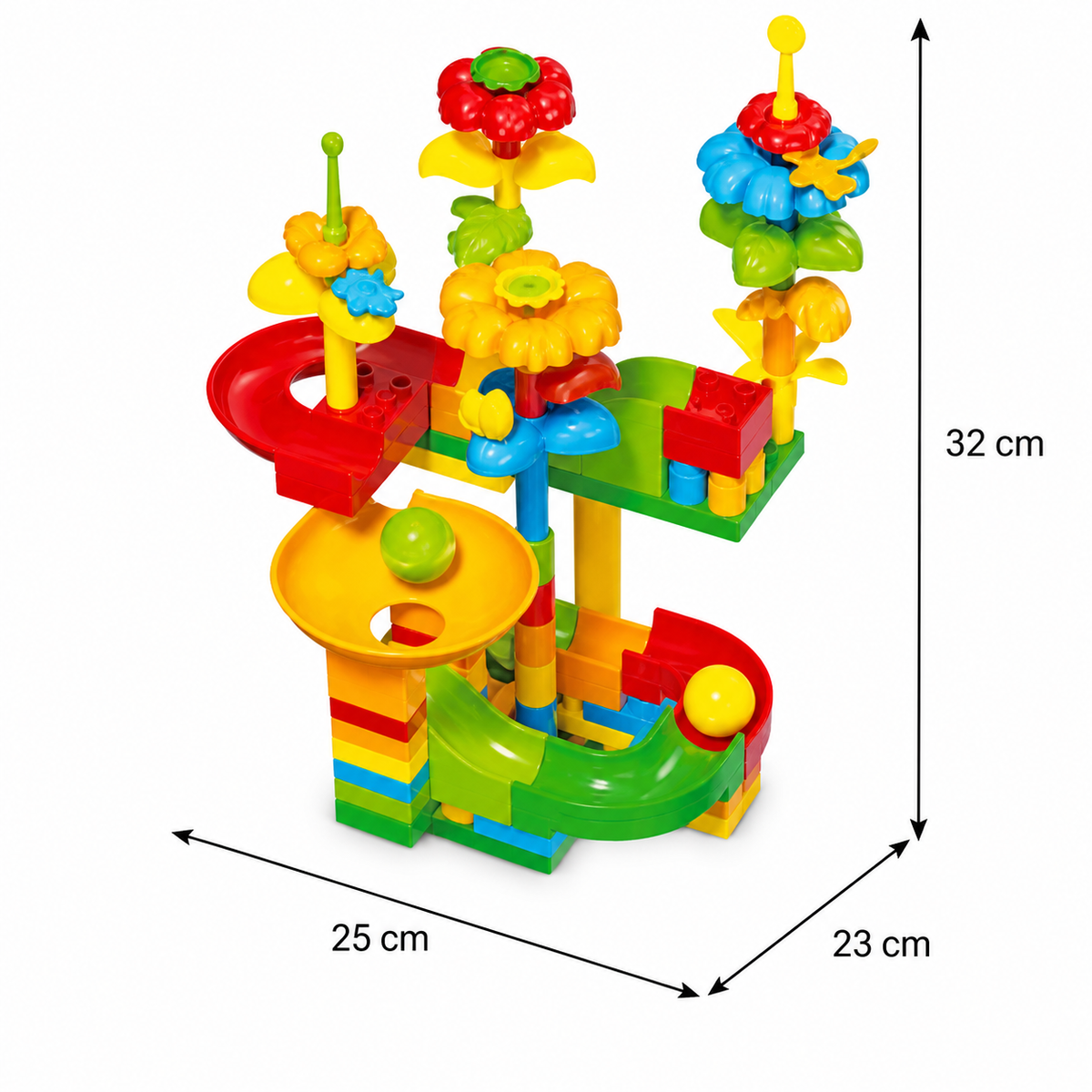 Medidas de pista de bolitas de 81 piezas: 25 por 23 por 32 cm