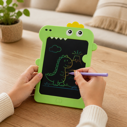 Niño dibujando un dinosaurio en pizarra LCD reutilizable