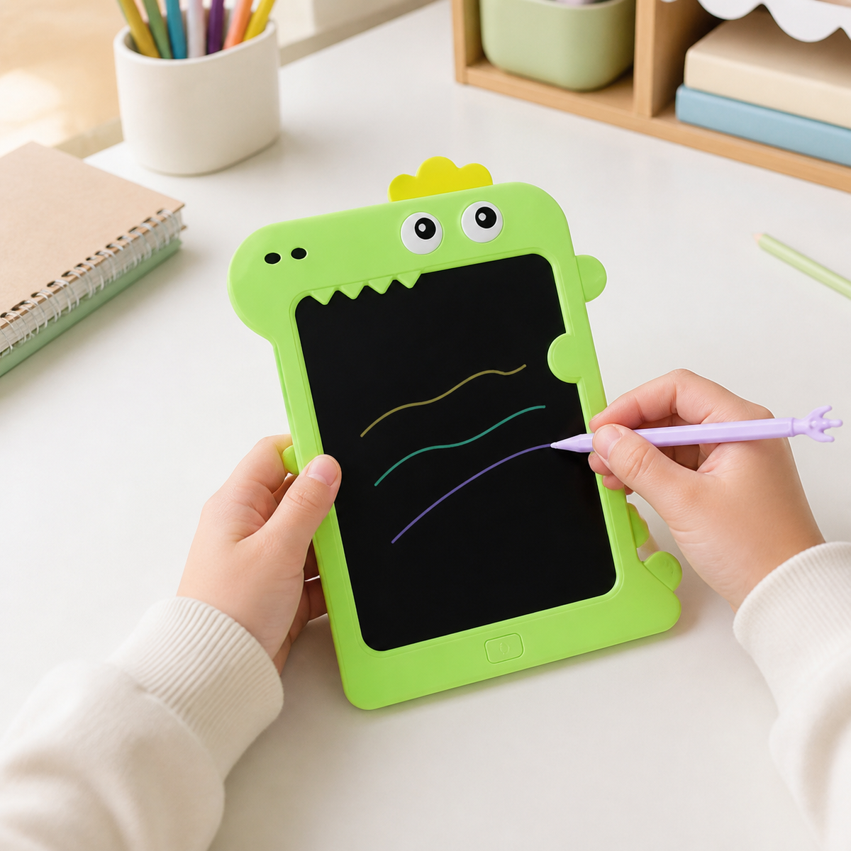 Pizarra LCD dinosaurio usada para dibujar en escritorio infantil