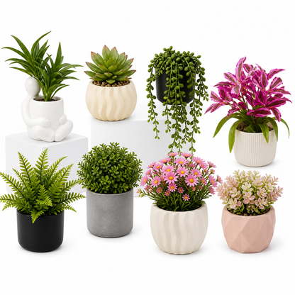 Plantas artificiales de plástico en macetas decorativas