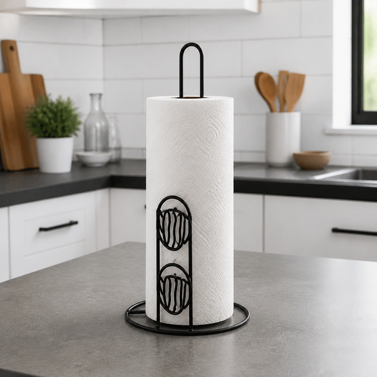 Porta rollo con papel en mesón de cocina