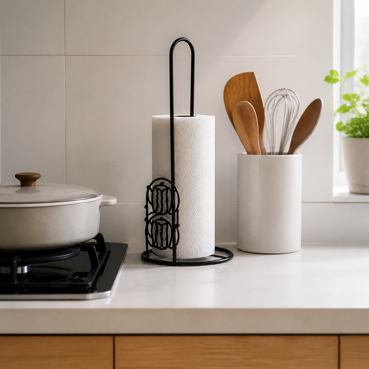 Organizador de papel junto a utensilios de cocina