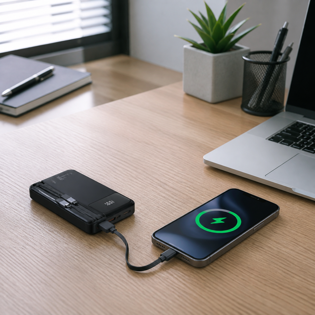 Power bank negro cargando teléfono en oficina