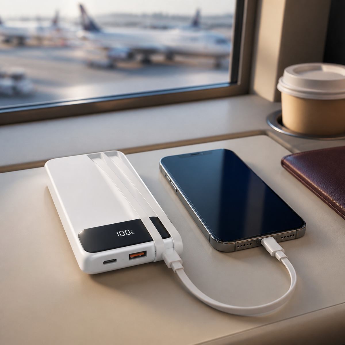 Power bank blanco cargando teléfono durante viaje