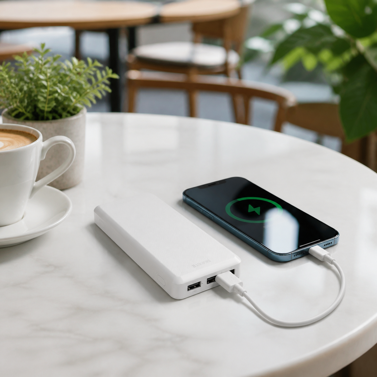 Power bank blanco cargando un teléfono en cafetería