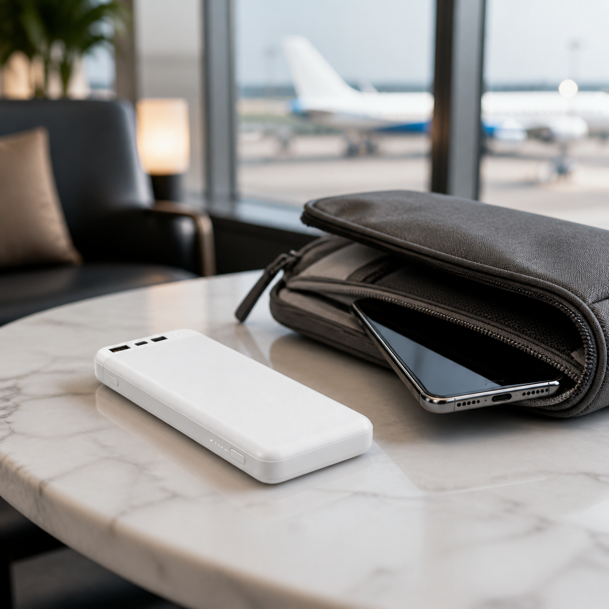 Power bank compacto blanco en contexto de viaje