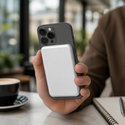 Power bank magnético acoplado a un teléfono en cafetería