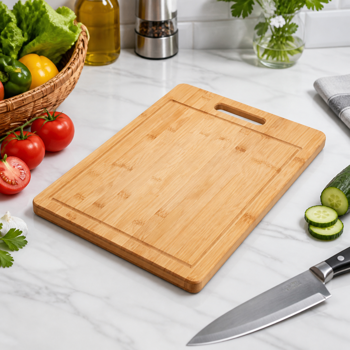 Tabla de bambú en cocina con vegetales
