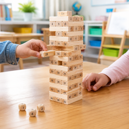 Niños jugando con torre de madera numerada en aula