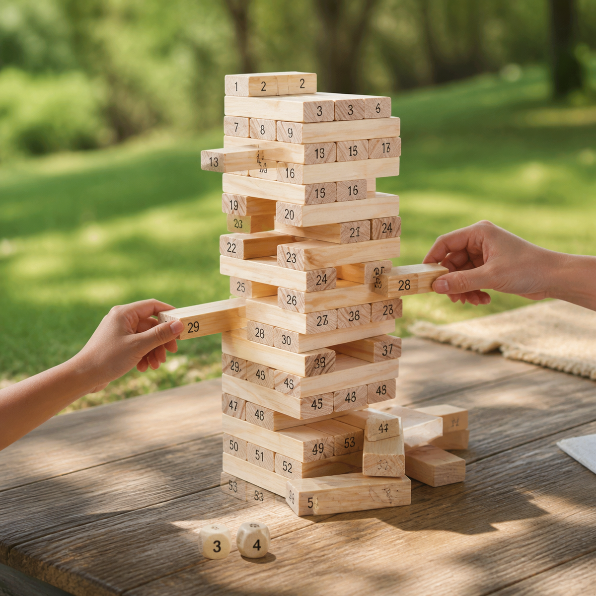 Torre de madera numerada en juego familiar al aire libre