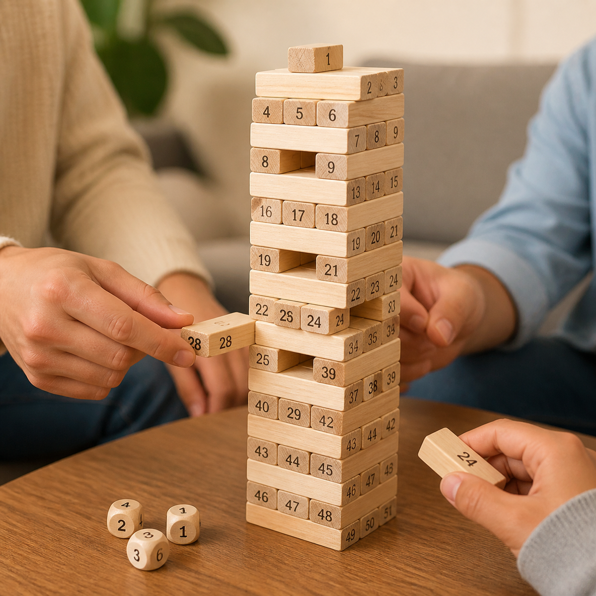 Familia jugando con torre de madera numerada