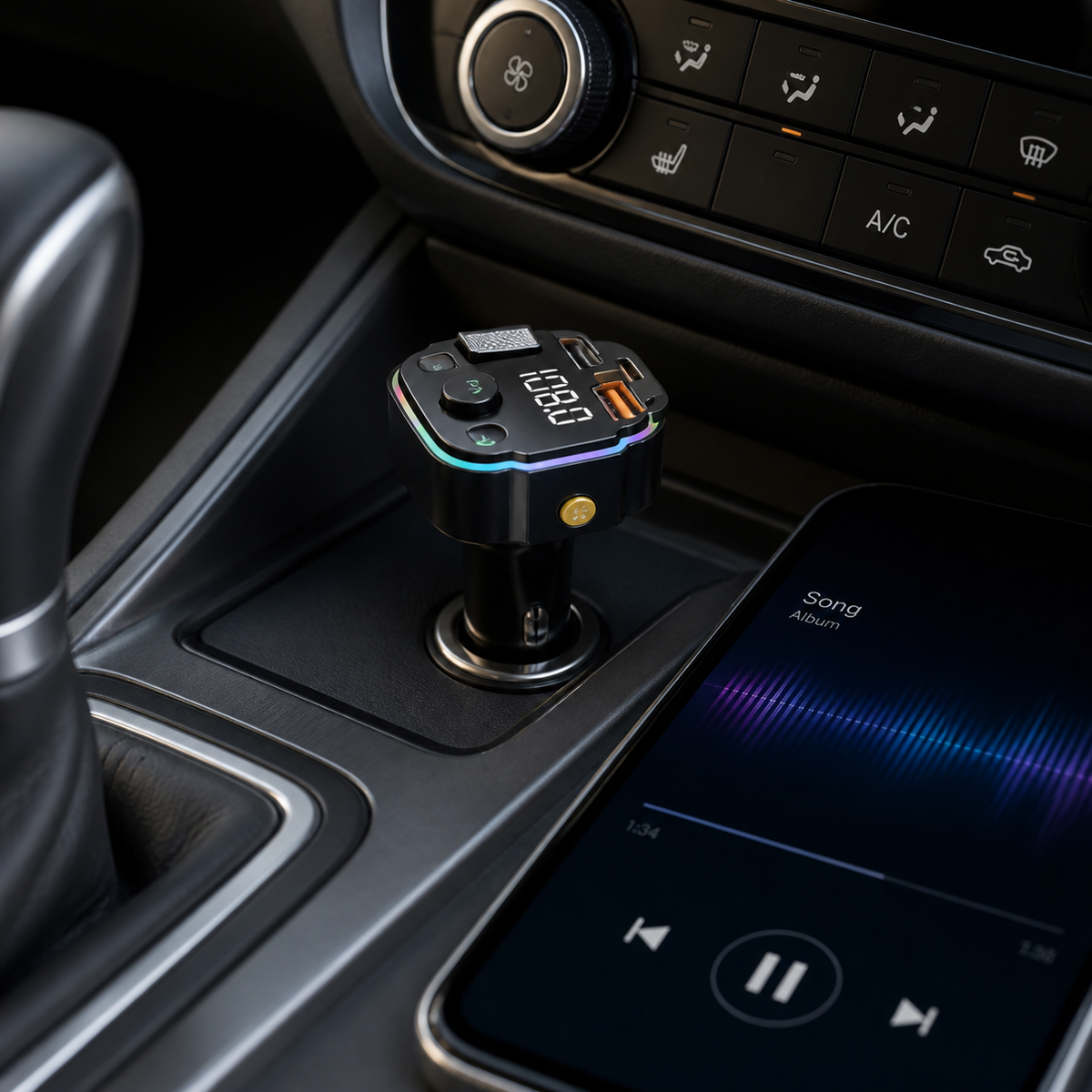 Transmisor Bluetooth instalado en consola del automóvil