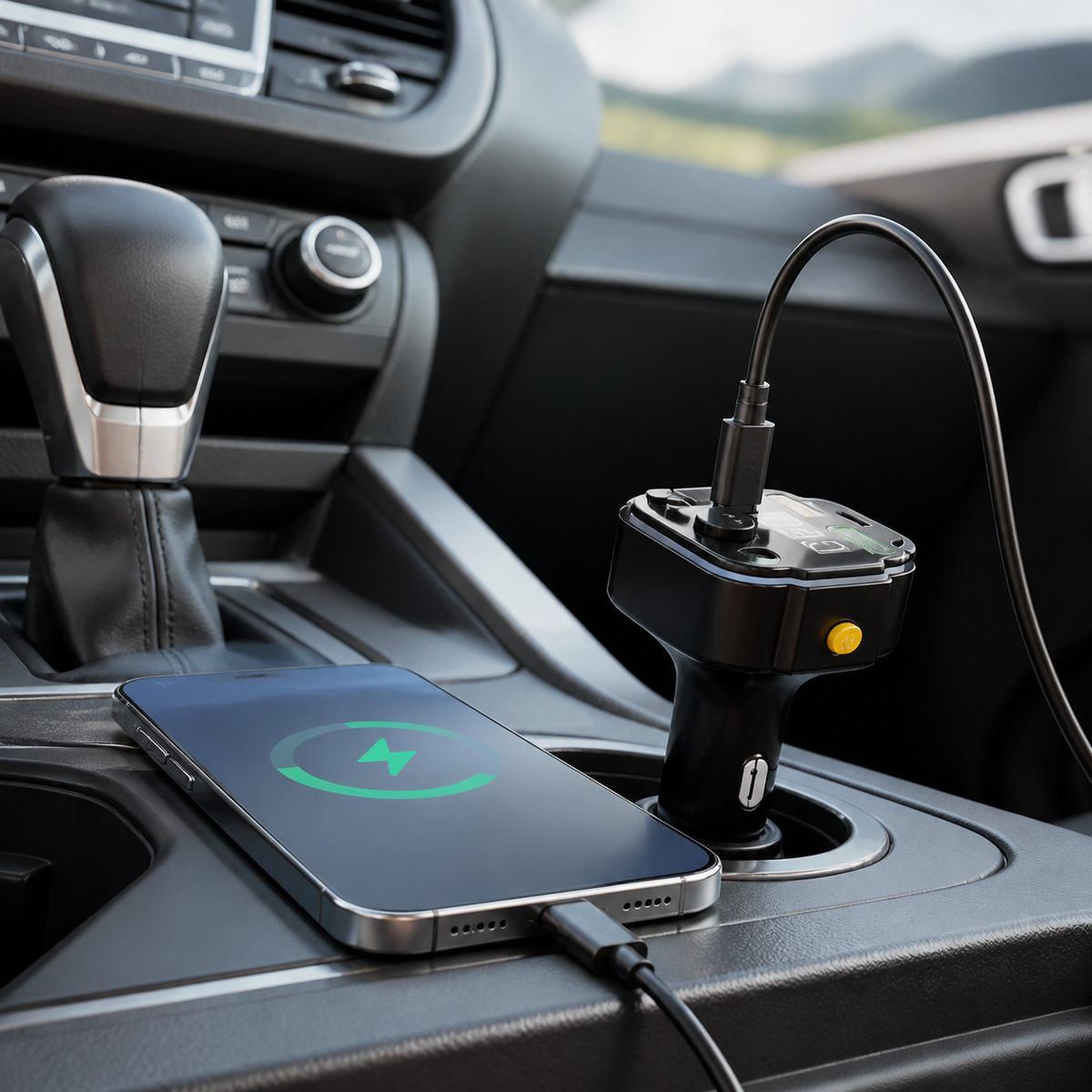 Transmisor para automóvil cargando un teléfono
