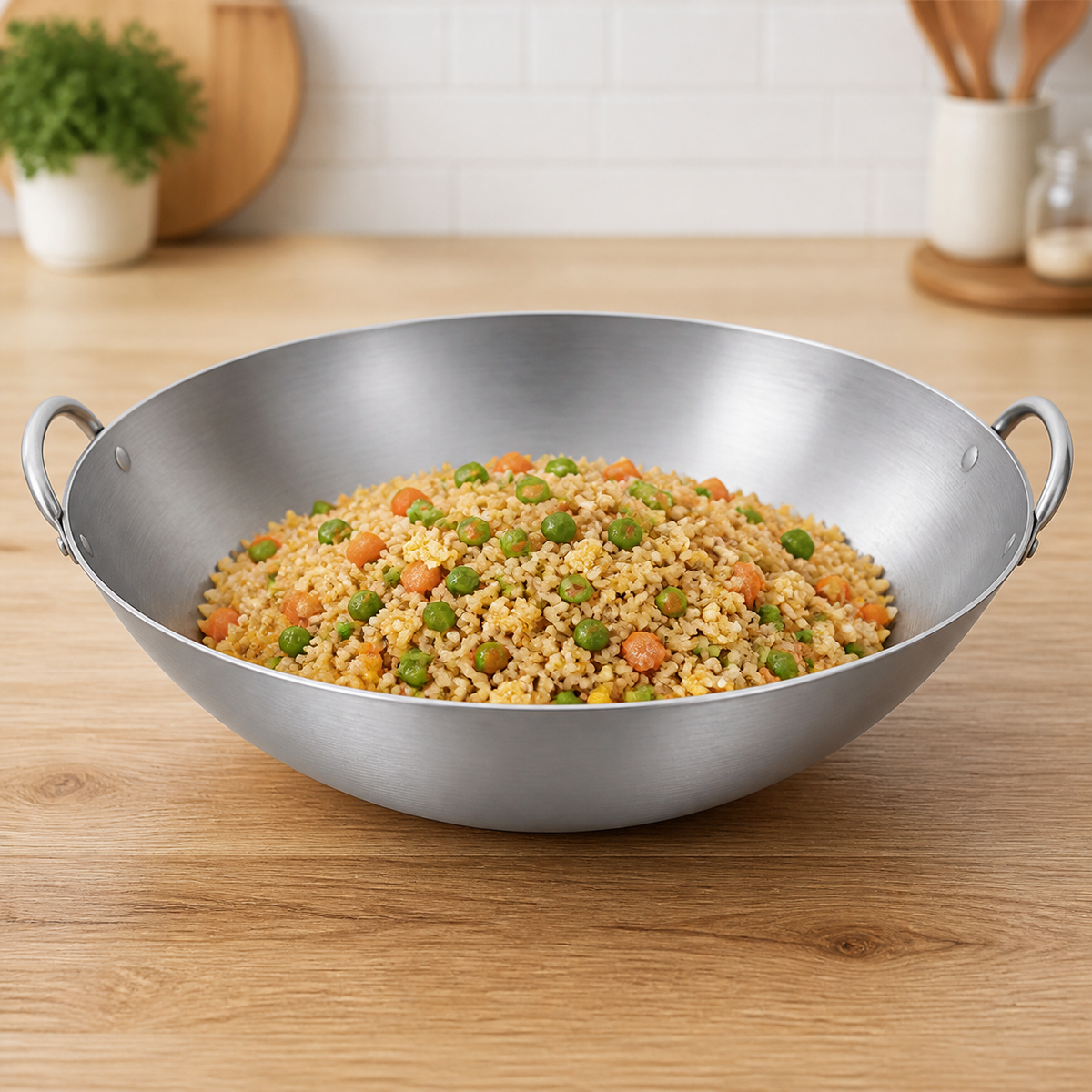 Wok de Acero con Dos Asas 45 cm Espesor 1,5 mm - presentación con arroz