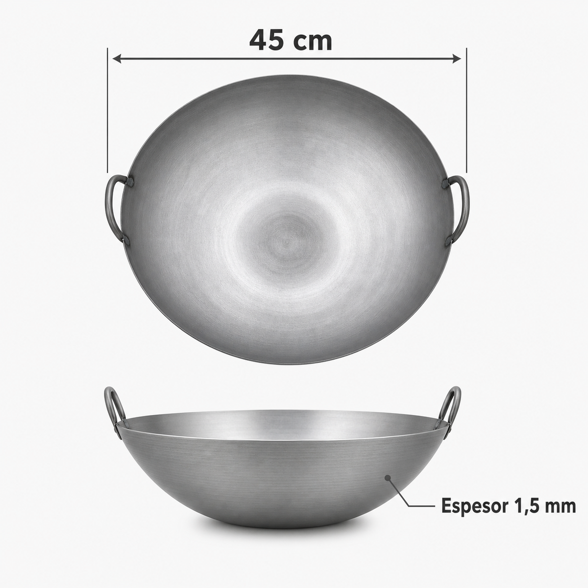 Wok de Acero con Dos Asas 45 cm Espesor 1,5 mm - medidas 45 cm y espesor 1,5 mm