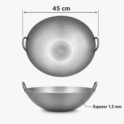 Wok de Acero con Dos Asas 45 cm Espesor 1,5 mm - medidas 45 cm y espesor 1,5 mm
