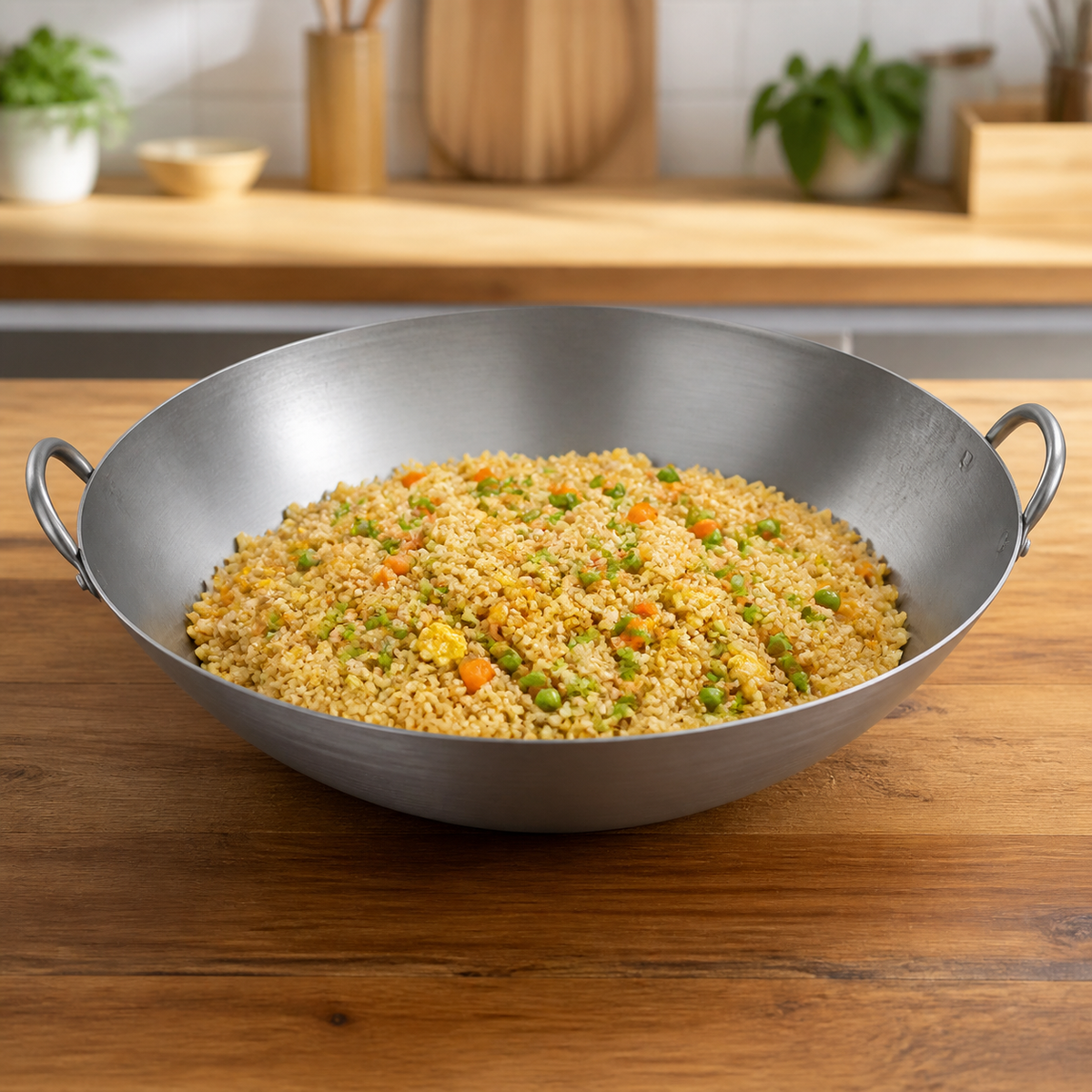 Wok de Acero con Dos Asas 55 cm Espesor 1,5 mm - presentación con arroz
