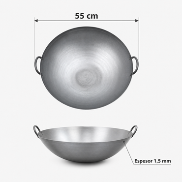 Wok de Acero con Dos Asas 55 cm Espesor 1,5 mm - medidas 55 cm y espesor 1,5 mm