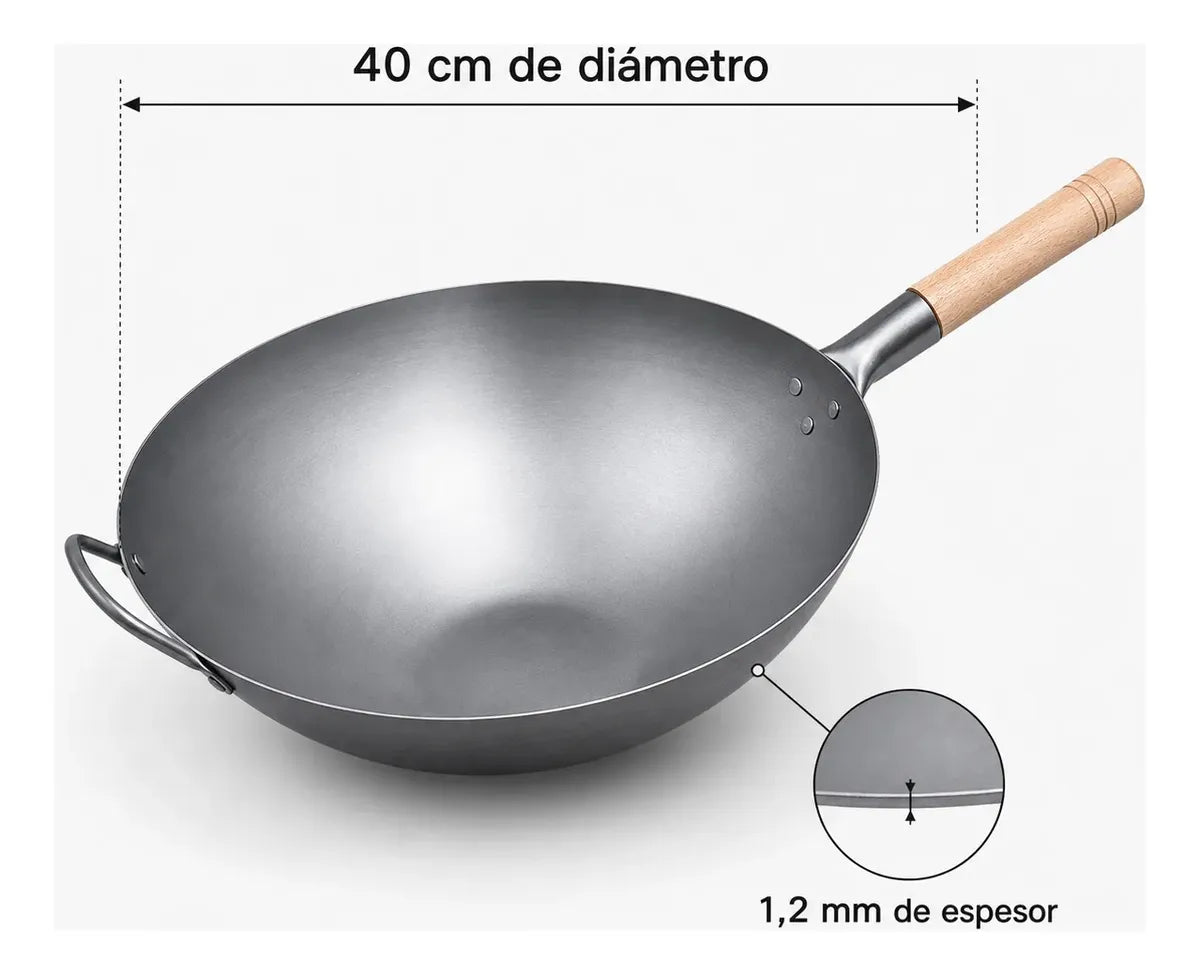 Wok de acero 40 cm con mango de madera, vista 2