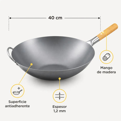 Wok de acero 40 cm con mango de madera, vista 3