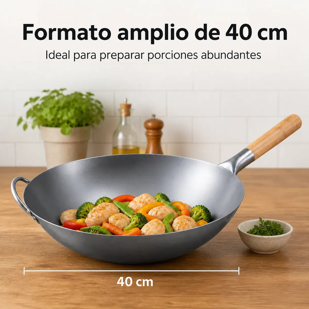 Wok de acero 40 cm con mango de madera, vista 5