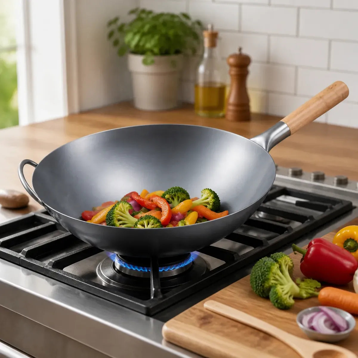 Wok de acero 40 cm con mango de madera, vista 6