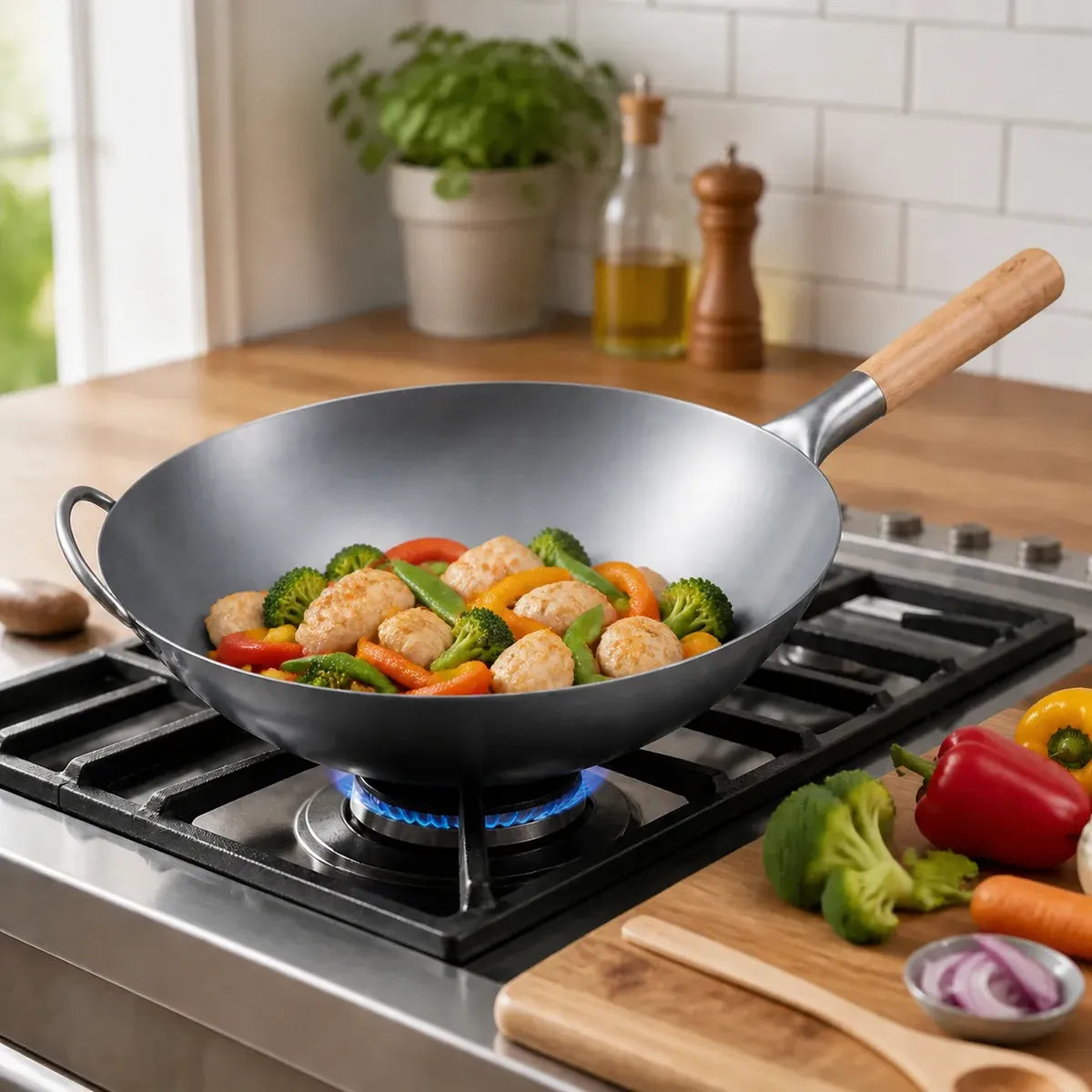 Wok de acero 40 cm con mango de madera, vista 9