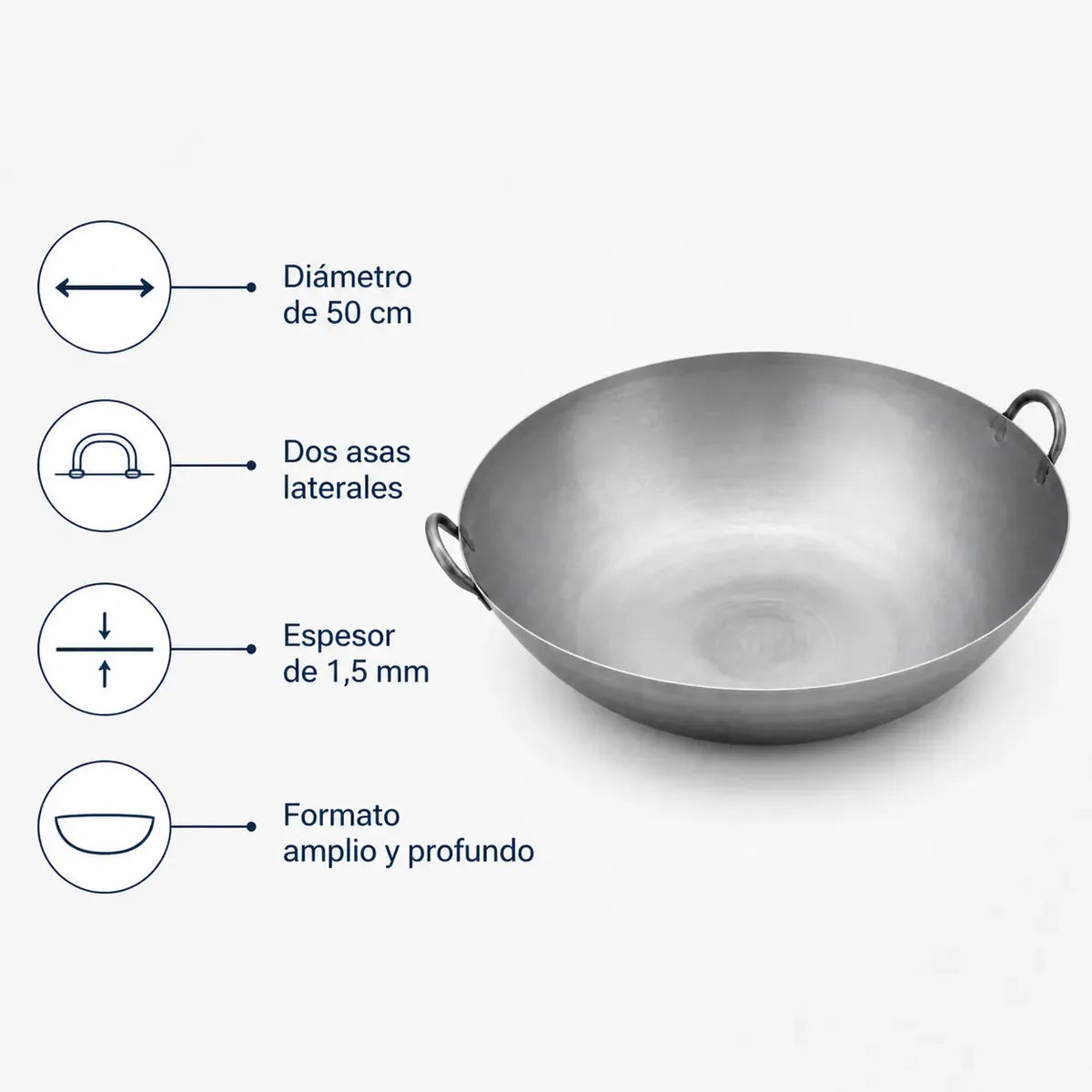 Wok de acero inoxidable 50 cm con dos asas, vista 3