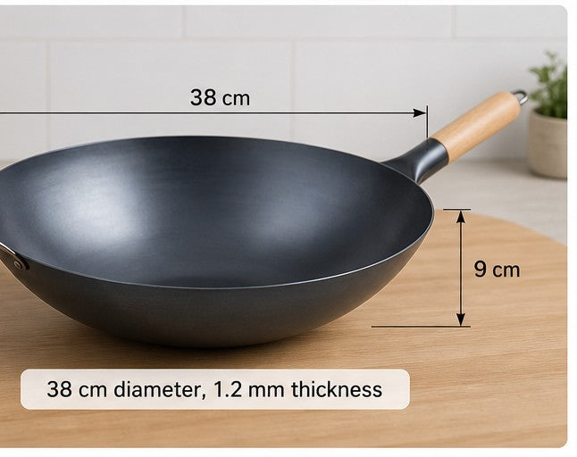 Wok de Hierro 38 cm con Mango de Madera - medidas