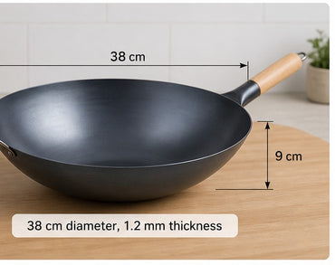Wok de Hierro 38 cm con Mango de Madera - medidas